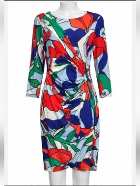 Tahari Multicolor Floral Twist-Front Long Sleeve Faux Wrap Dress
